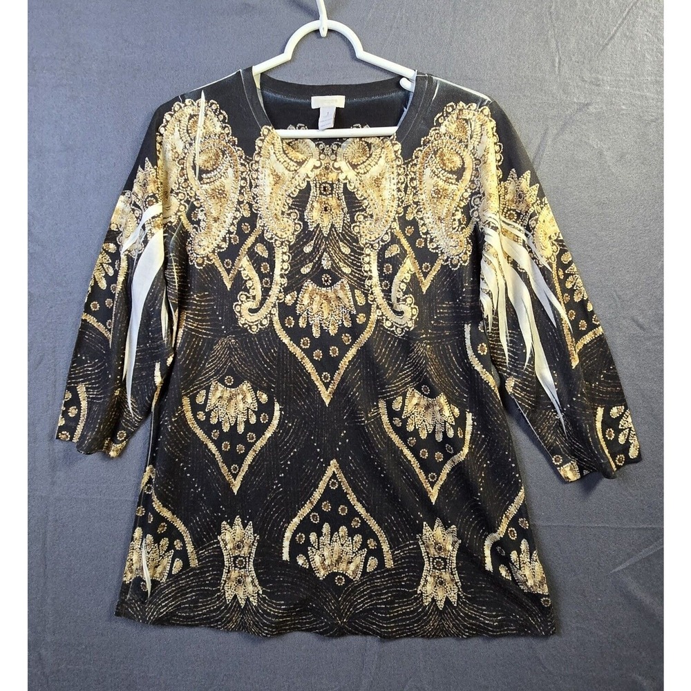 Chico's‎ Women's Size 1 Blouse Black Gold Boho Chic Embellished Travel Business